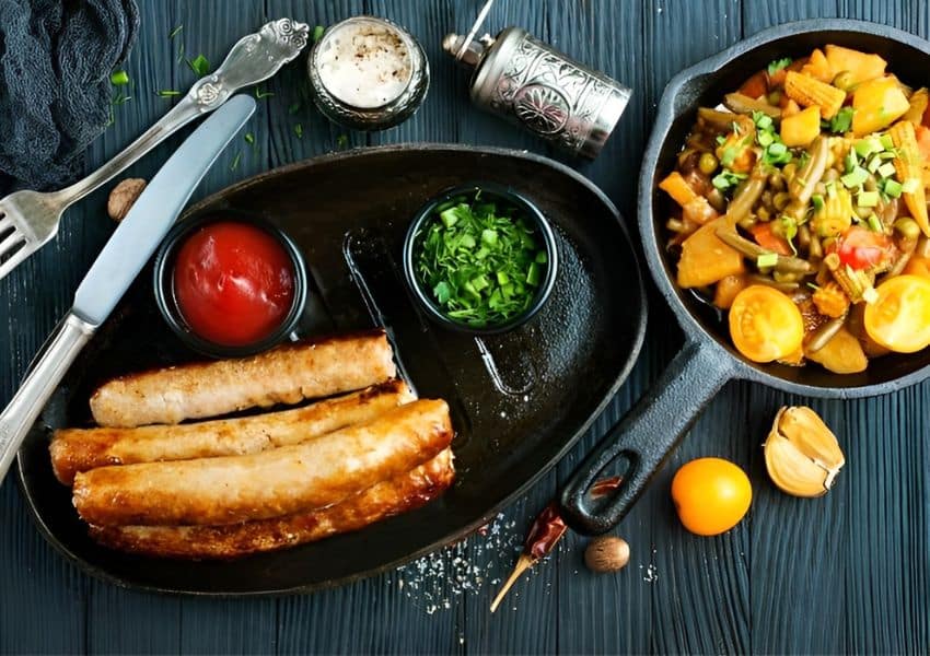 duas panelas de comida em uma mesa com utensílios.