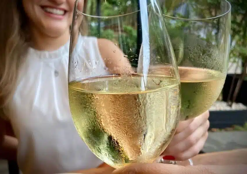 Taças de vinho tinto e branco sobre mesa posta com pratos de alta gastronomia no curso de vinhos do Bla's Cozinha Criativa