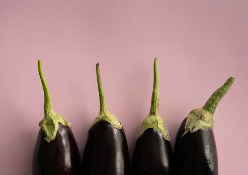 Berinjela fresca cortada ao meio mostrando sua polpa branca e sementes, sobre uma tábua de madeira