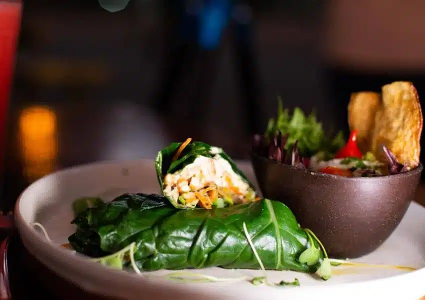 Prato colorido com alimentos veganos frescos — frutas, legumes e grãos — representando o veganismo saudável