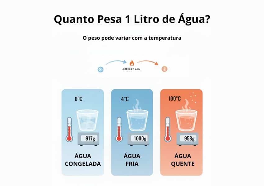 Infográfico mostrando o peso de 1 litro de água em diferentes temperaturas: 917g a 0°C (gelo), 1000g a 4°C e 958g a 100°C.