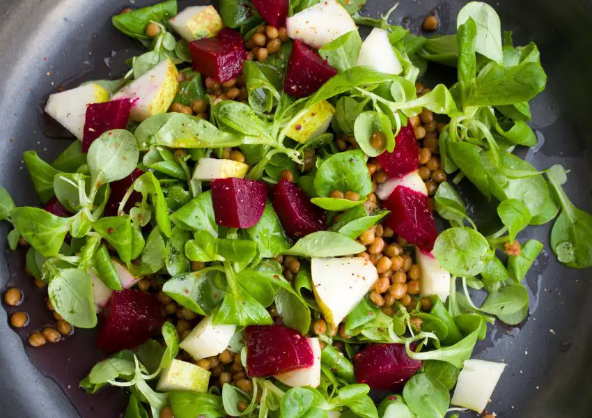 Um prato de salada com folhas verdes, beterraba e graos