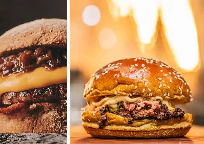Hambúrguer com bacon crispy empilhado sobre pão brioche, celebrando o Dia do Bacon em restaurantes de Brasília