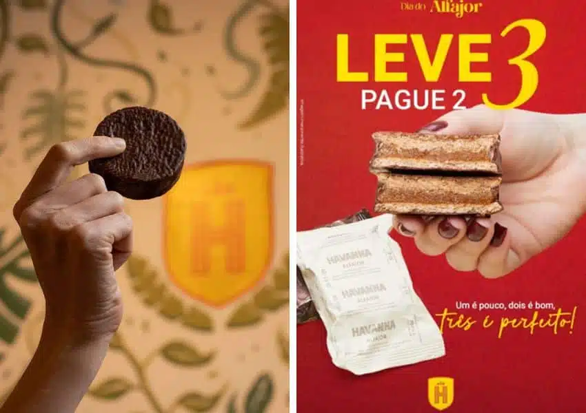 Alfajor Havanna de chocolate com doce de leite sobre balcão de cafeteria, destaque para a promoção Dia do Alfajor