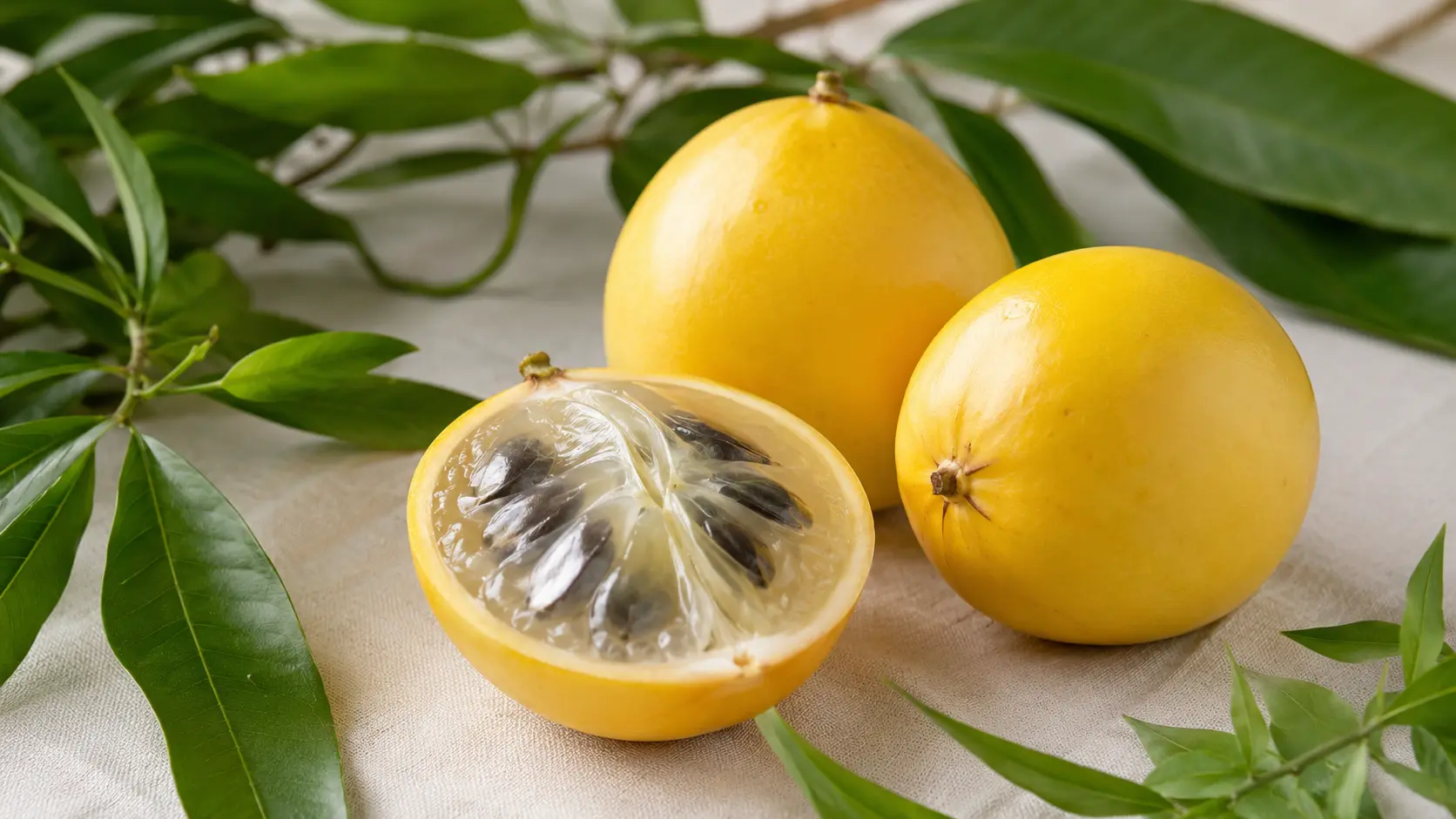 Frutas de abiu amarelas inteira e aberta mostrando polpa translúcida