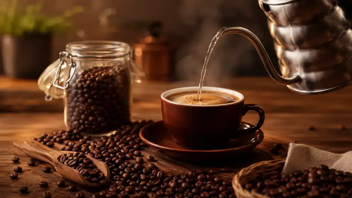 chaleira gooseneck despejando água quente sobre café especial com grãos ao redor
