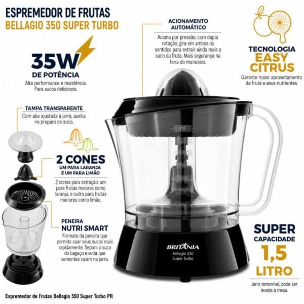 Espremedor de Frutas Britânia Super Turbo Preto - 220V - Imagem 4