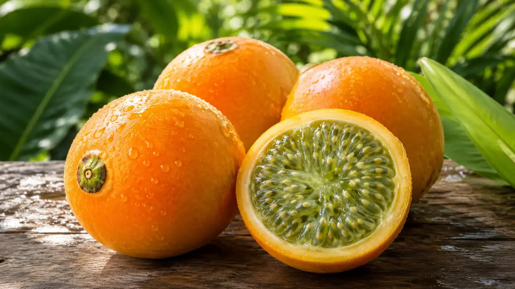 Frutas de lulo alaranjadas inteira e cortada mostrando polpa verde