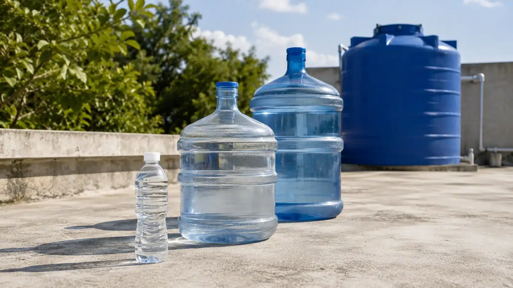Garrafas e galoes de agua em tamanhos crescentes com caixa dagua ao fundo ilustrando pesos de grandes volumes