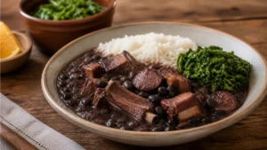 Prato de feijoada completa com couve e arroz