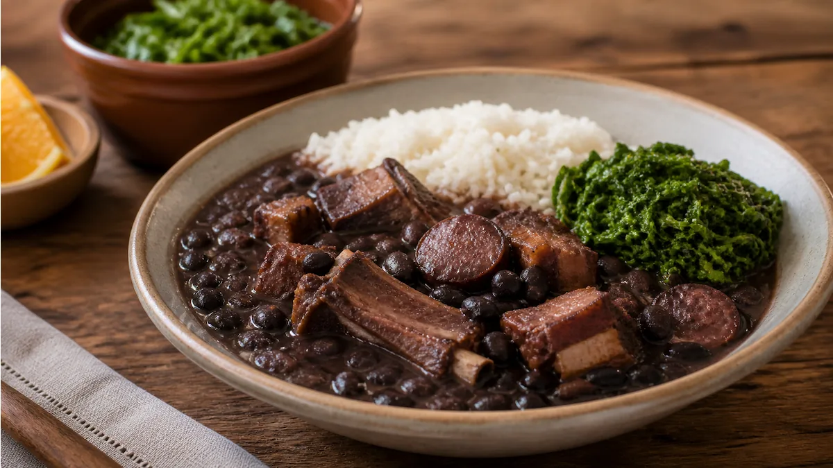 Prato de feijoada completa com couve e arroz