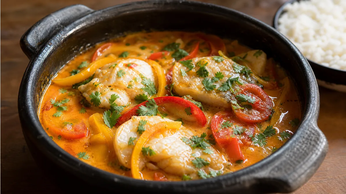 Moqueca de peixe baiana servida na panela de barro