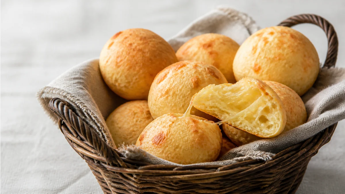 Cesta de pães de queijo mineiros dourados